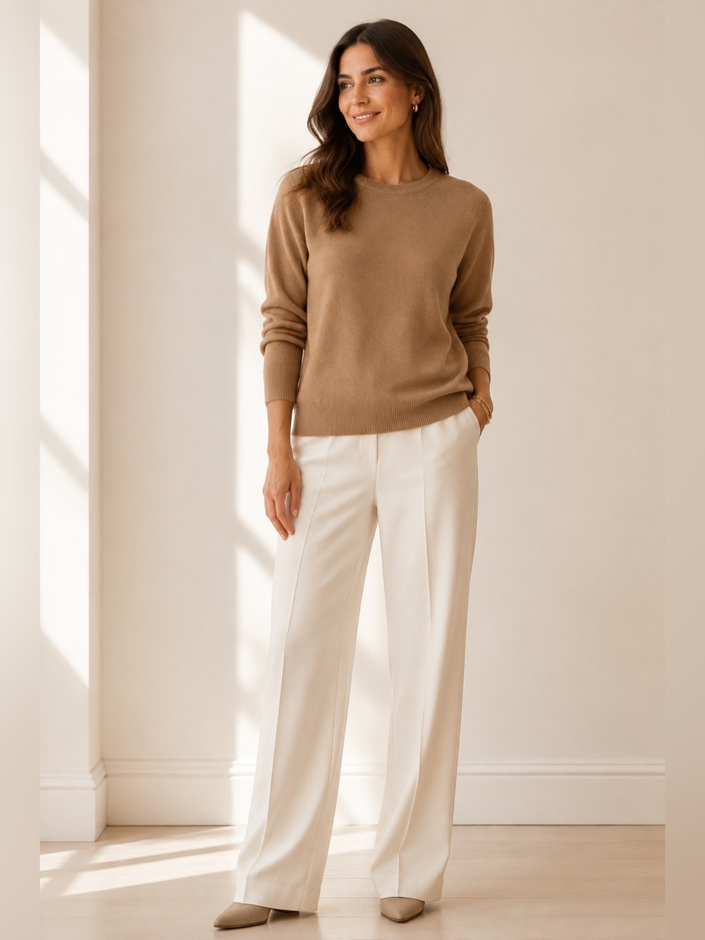 Donggoo 100% Pure Cashmere Camel Crewneck Sweater Quiet Luxury L